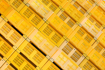 Tightly packed empty plastic crates
