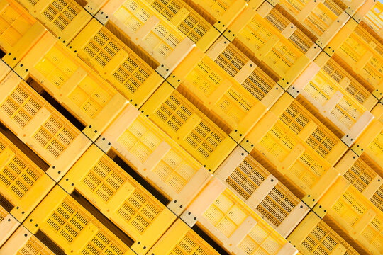 Tightly packed empty plastic crates
