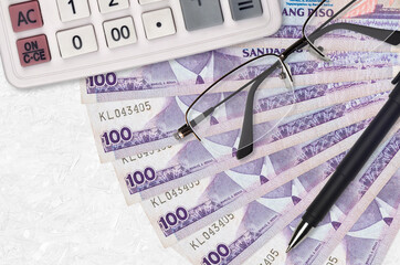 100 Philippine piso bills fan and calculator with glasses and pen. Business loan or tax payment...