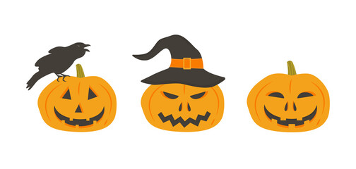Set of scary pumpkins in witch hat. Creepy pumpkin face with crow. Jack lantern characters. Collection of design elements for Halloween party invitation or flyer. Vector illustration isolated. 