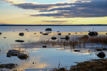 Naklejka premium sunrise, sunset, sea, rocks, sky, blue, romantic, clouds
