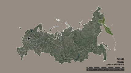 Location of Kamchatka, territory of Russia,. Satellite