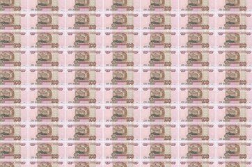 100 russian rubles bills printed in money production conveyor. Collage of many bills. Concept of...
