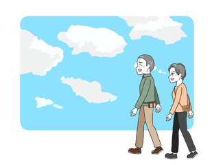 お出かけする老夫婦　青空