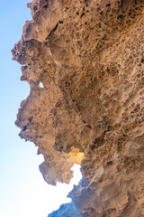 Geoforms in the rocks of Playa los Escullos in the natural park of Cabo de Gata, Nijar, Andalucia. Spain, Mediterranean Sea