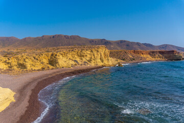 Fototapeta na wymiar The beautiful beach on the coast of La Isleta del Moro in the Cabo de Gata natural park, Nijar, Andalucia. Spain, Mediterranean Sea