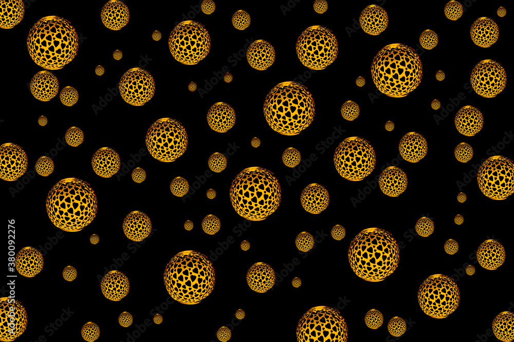 Poster floating golden bubble hearts abstract pattern isolated on a black background