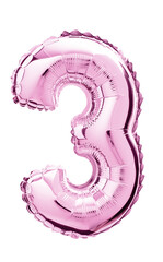 Balloon of mylar number 3  pink color isolated on white