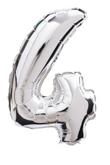 Balloon of mylar number 4  silver color isolated on white
