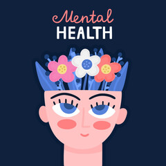 Conctpt with blooming head. Caring for mental health. Psychology and psychotherapy. Flowers growing from brain. Design is for brochure, banner, poster, advertisement. Vector illustration, eps10
