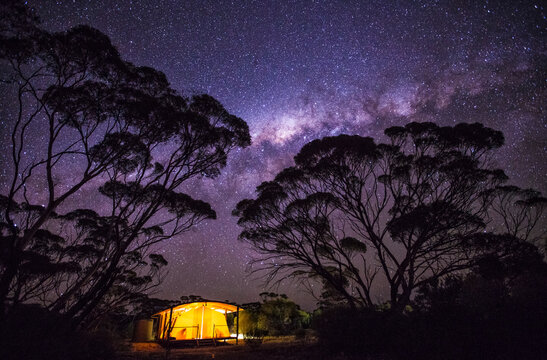 a safari tent under the stars