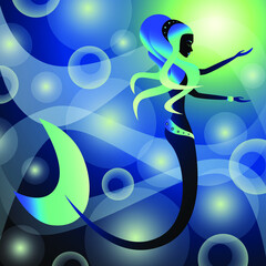 Mermaid beautiful girl on dark colorful background. Dream contest. Vector artistic illustration.