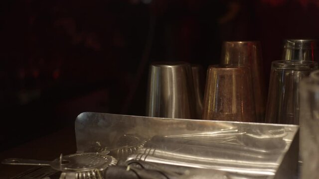 Barware for Making Cocktails, slider shot, shallow depth of field
