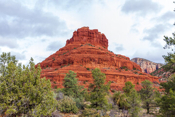 Fototapeta na wymiar Scenic view of red rock mountains and green forest near Sedona, Arizona