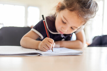A cute little south asian girl working on her school project.