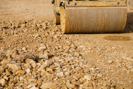 Detail of a roller working on a construction site. Norfolk, UK.