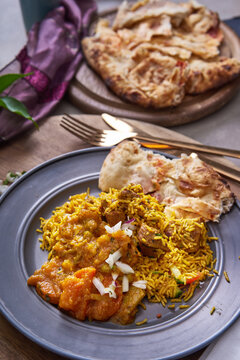 Lamb biryani with keema naan bread.