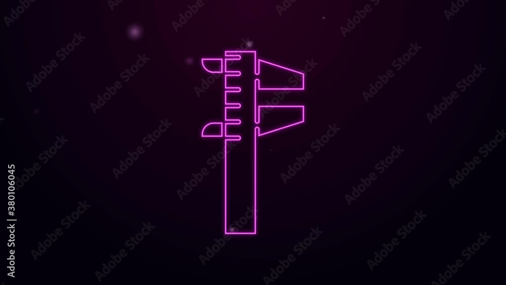 Poster glowing neon line calliper or caliper and scale icon isolated on purple background. precision measur