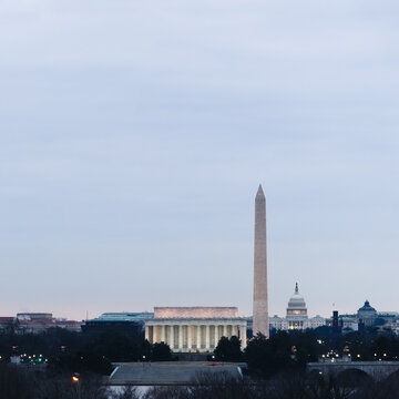 Lincoln Memorial, Washington Monument, and Capitol dome in Washington DC.