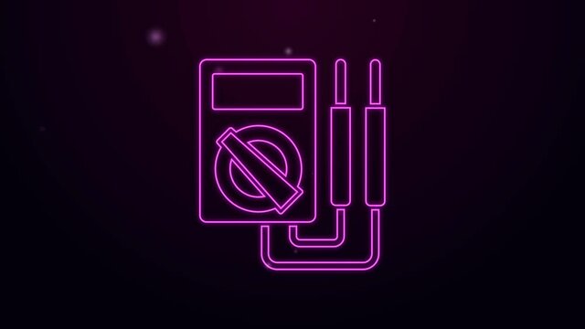 Glowing neon line Ampere meter, multimeter, voltmeter icon isolated on purple background. Instruments for measurement of electric current. 4K Video motion graphic animation.