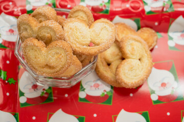 Christmas heart cookies on a red christmas trail at home 