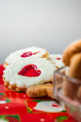 Christmas heart cookies on a red christmas trail at home 