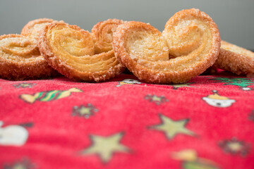 Christmas heart cookies on a red christmas trail at home 