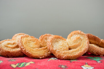 Christmas heart cookies on a red christmas trail at home 