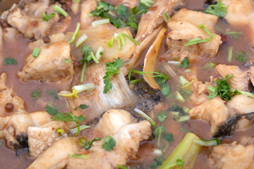 Close-up of stewed fish with miso