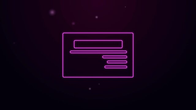 Glowing neon line Visiting card, business card icon isolated on purple background. Corporate identity template. 4K Video motion graphic animation.