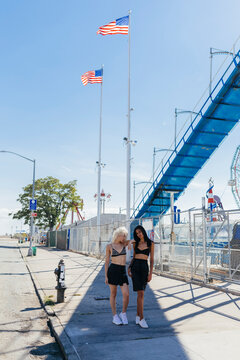 Female Fashionable Friends Out in Coney Island . Us New york Cit