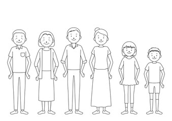 Illustration of a three generation family (grandfather / grandmother / father / mother / girl / boy set)