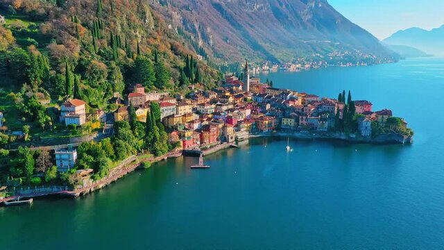 Panorama of Varenna by Lake Como in Italy, aerial view of the old town with the church of San Giorgio in the central square