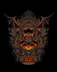 Demon skull with vintage engraving pattern-vector illustration art.