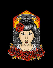 Illustration vector geisha woman with rose flower vintage on black background.
