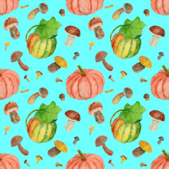 Autumn picturesque pattern with pumpkins and mushrooms on a turquoise background. Drawn in watercolor by hand. Can be used for fabric, packaging, postcards.