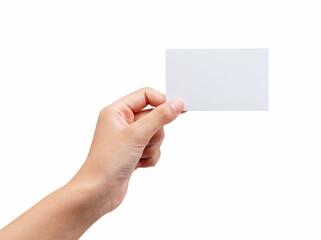 A woman's hand holding a plain business card on a white background