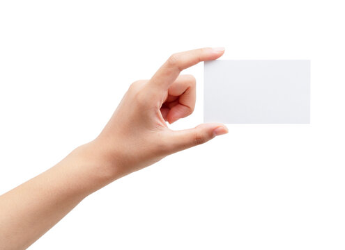 A Woman's Hand Holding A Plain Business Card On A White Background