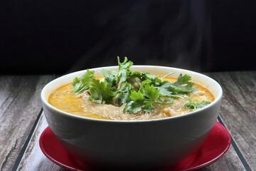 Hot and Spicy soup of vermicelli with shrimp ball and topping with green coriander in the bowl. Famous traditional sour and spicy soup in Asia restaurant. 