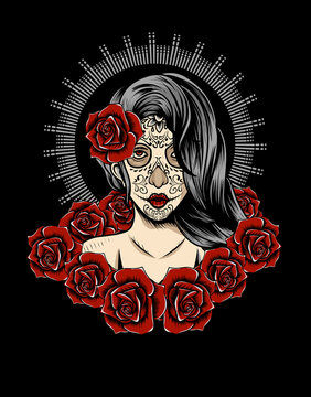 Illustration vector sugar skull woman gothic make up with rose flower.