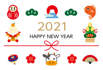 カラフルなアイコン2021年賀状横位置/白背景