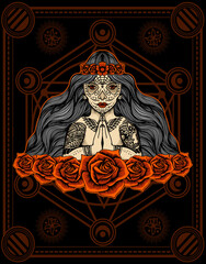 Illustration vector sugar skull woman with tattoo in hand and rose flower.