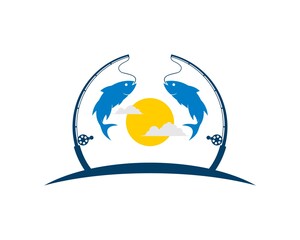 Fishing rod with jumping fish and sun