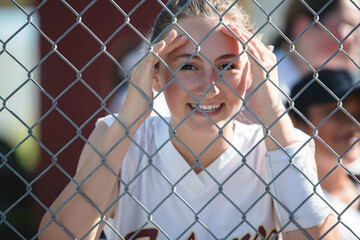 Teenage softball player looking through the fence smiling