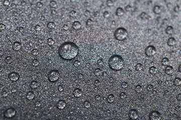 Abstract wet texture on a metal surface. Grey background with large water drops.