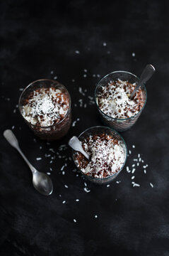 Chocolate tapioca pudding with coconut and almond.
