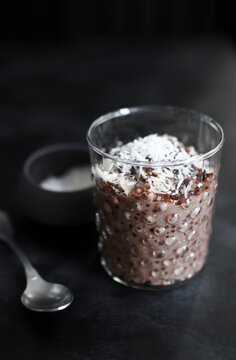 Chocolate tapioca pudding with coconut and almond.