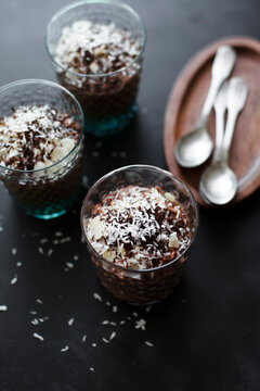 Chocolate tapioca pudding with coconut and almond.