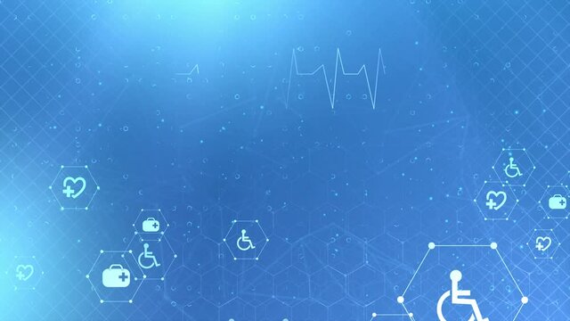 Medical and biomedical healthcare technology concept. User interface diagnosis concept. 4K motion video footage hexagons, structure molecule, 3d rendering science, technology and medical.