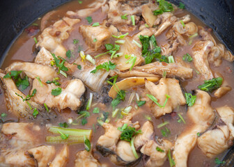 Stewed fish cubes in northeast miso soup